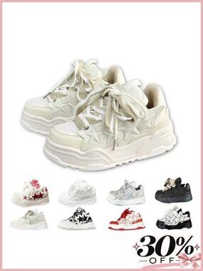 Women star chunky sneakers thick sole lace-up PU leather